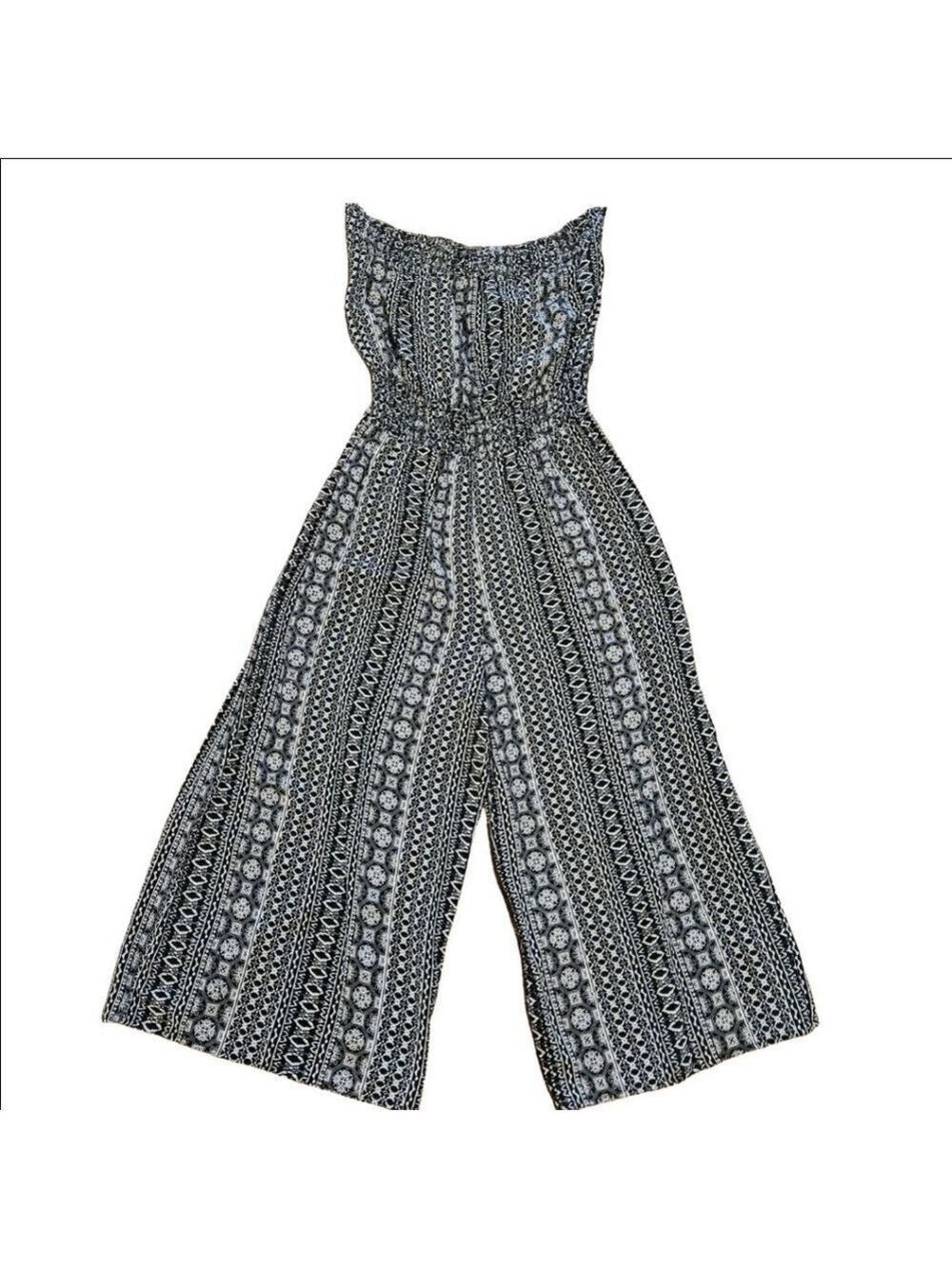 Women's LA Gypsy Sleeveless Wide Leg Jumpsuit Size M Black White Patterned